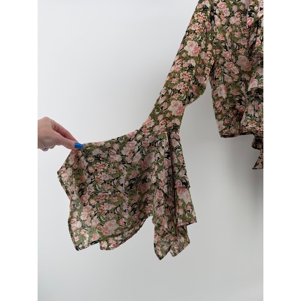 Vintage 90s Floral Tie Front Crop Top Bell Sleeve Ruffle Festival Boho Small - Picture 5 of 10